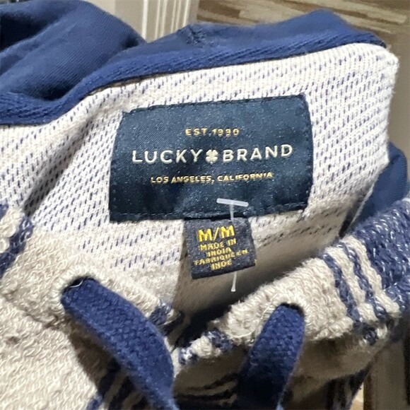 Lucky Brand Baja Hoodie Mens Size M Blue White Striped Pullover Kangaroo - Picture 8 of 8